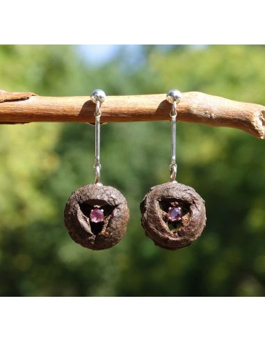 Ruby earrings with eucalyptus seed pod
