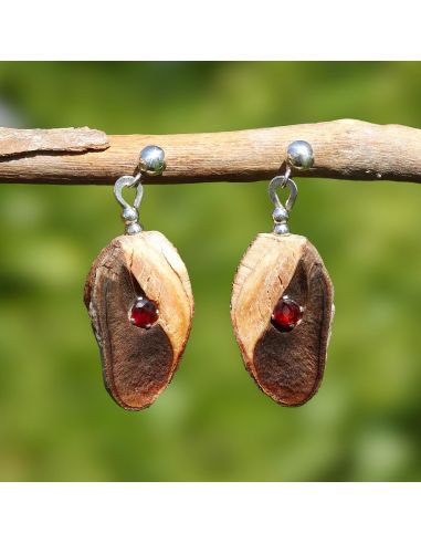 Garnet earrings with hakea seed pods